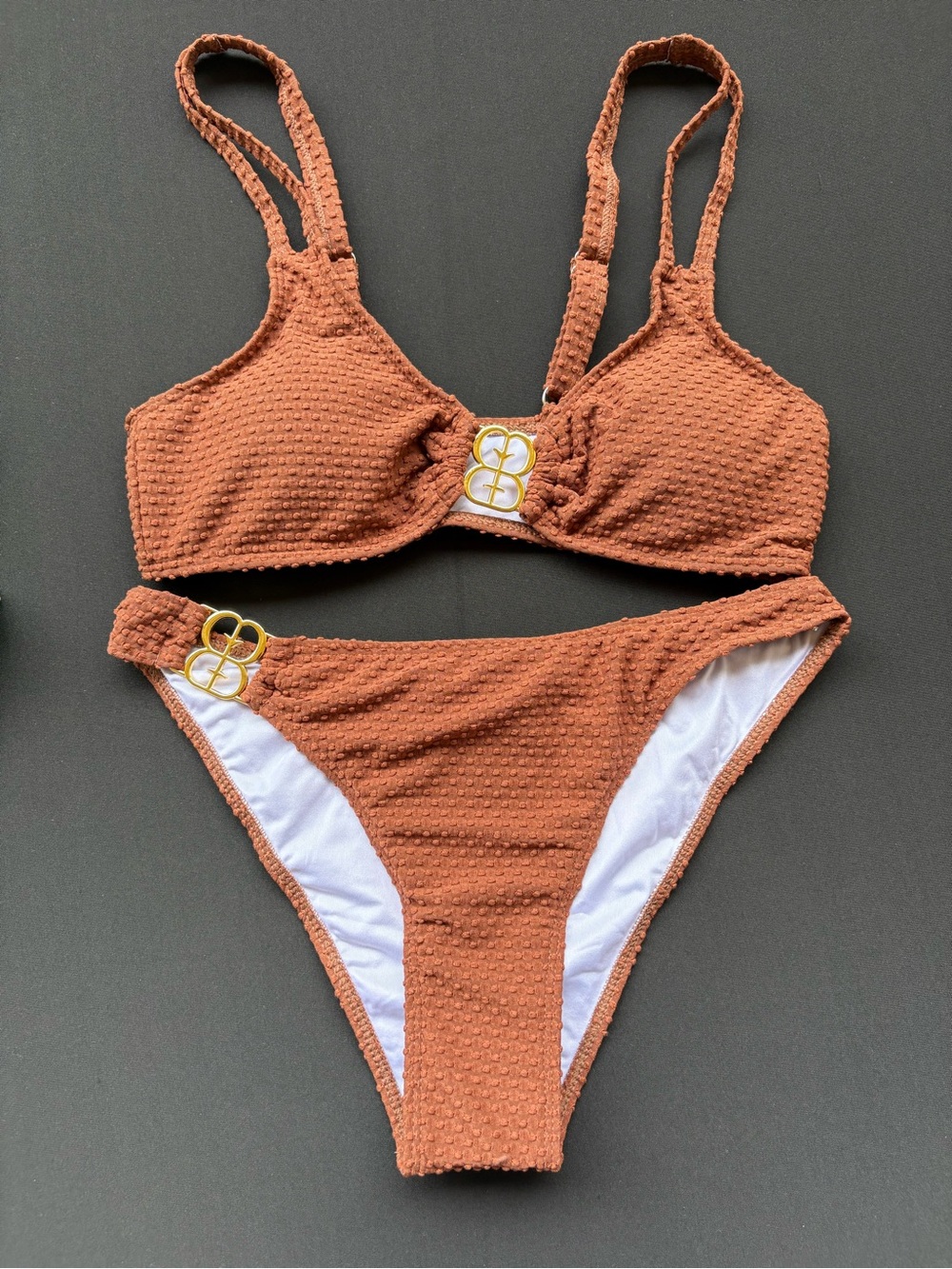 Textured Rust Orange Two-Piece Bikini with Gold Accents